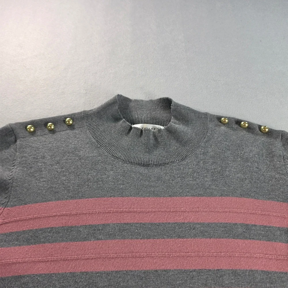 Retrology Womens Grey Pink Striped Mock Neck Sweater Gold Shoulder Button Large